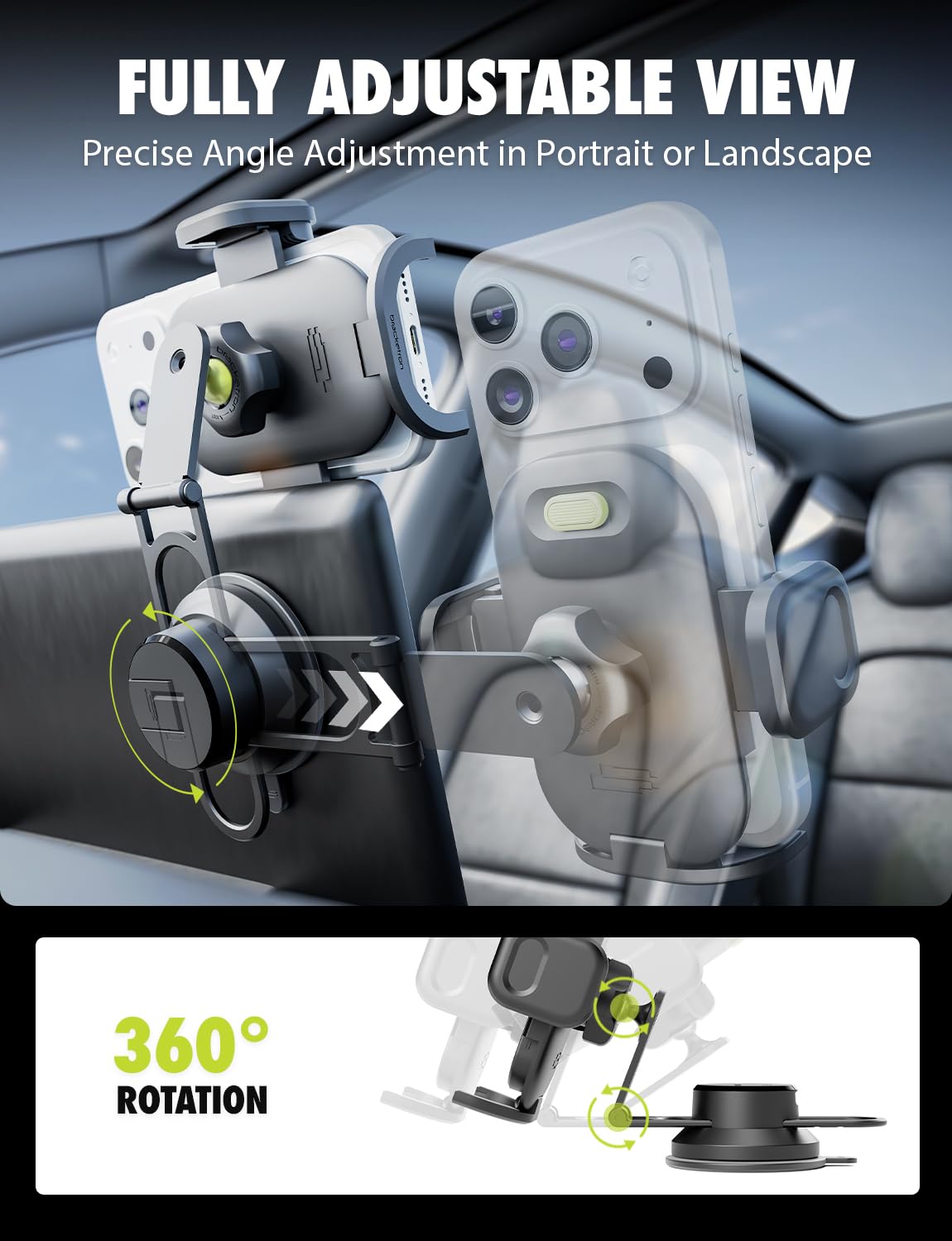 Bracketron TripGripPro Suction Cup Phone Mount for Car - 3-in-1 Tesla Phone Mount with 360° Rotation, Temperbond Suction Technology for Windshield