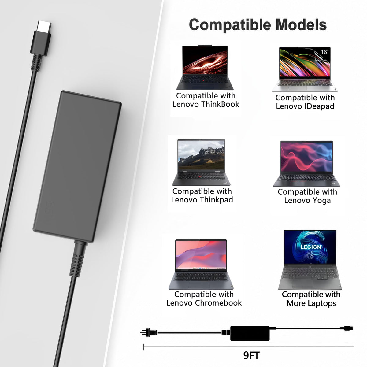 65W Laptop Charger Compatible with Lenovo USB C ThinkPad Yoga Chromebook