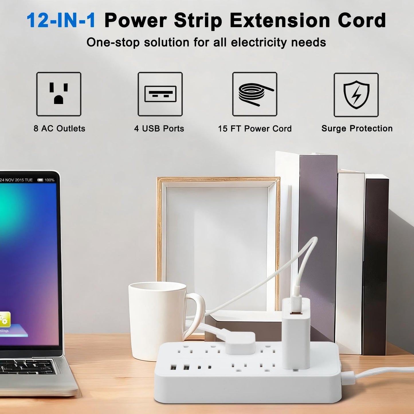 Flat Extension Cord 15 ft, Surge Protector Power Strip with 8 Outlets 4 USB, Flat Plug Outlet Extender, Extension Cord with Multiple Outlets