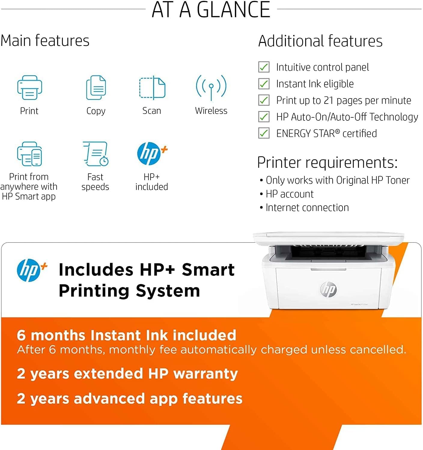 HP Laserjet MFP M140we Wireless All-in-One Monochrome Laser Printer and Bonus 6 Months Instant Ink, White - Print Copy Scan - 21 ppm, 600 x 600 dpi