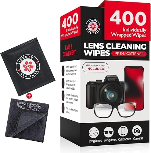 400 Eyeglass Cleaning Wipes + Microfiber Cloth for Eyeglasses & Lens Cleaner | Pre-Moistened, Individually Wrapped, Less Alcohol Formula | Lens Wipes