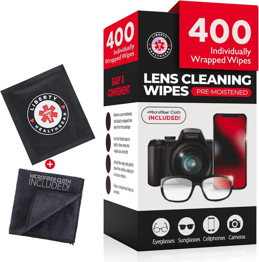 400 Eyeglass Cleaning Wipes + Microfiber Cloth for Eyeglasses & Lens Cleaner | Pre-Moistened, Individually Wrapped, Less Alcohol Formula | Lens Wipes