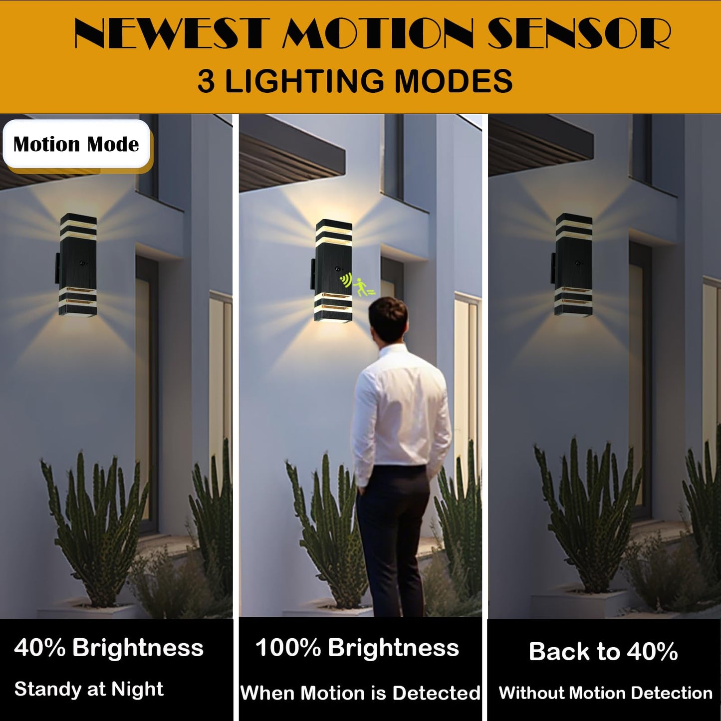 iYogaled Motion Sensor Outdoor Wall Lights with 3 Lighting Modes, Dusk to Dawn Porch Light with Bulbs Include, IP65 Waterproof Modern Black Wall