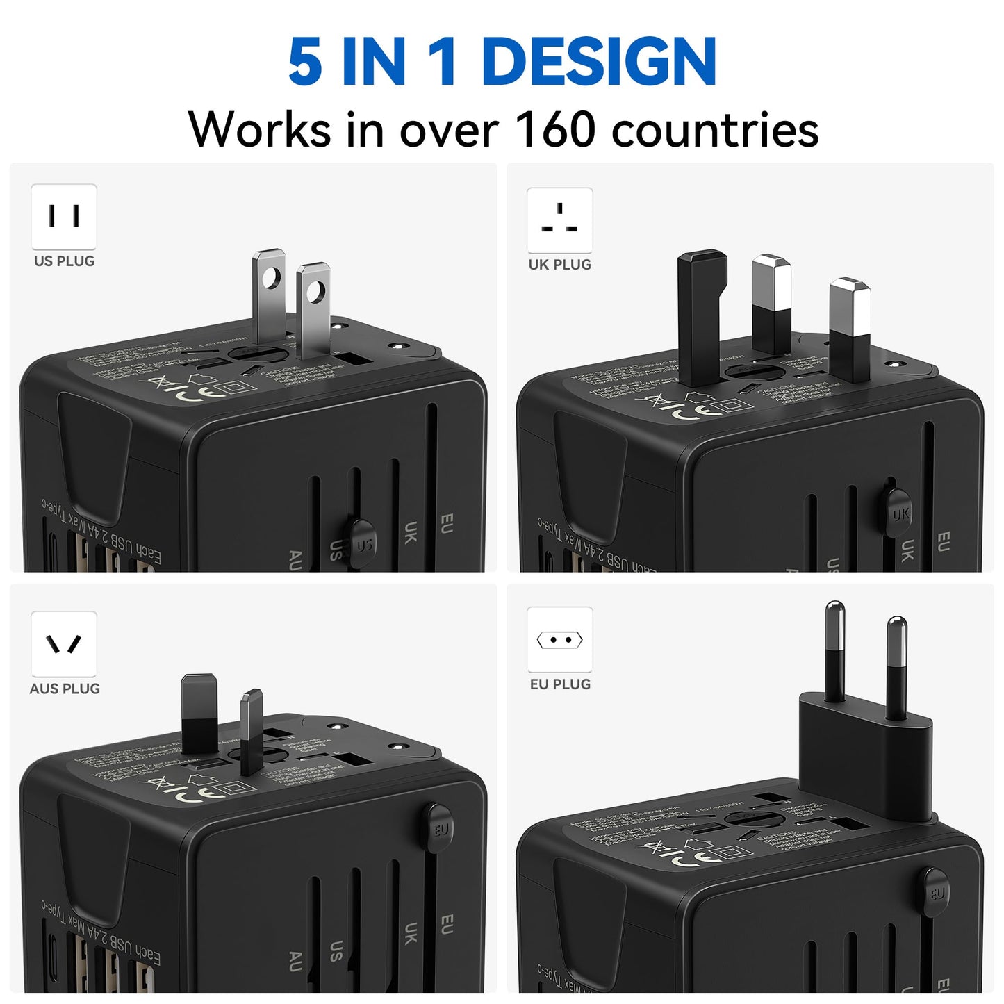 Unidapt International Travel Adapter, Universal Power Adapter Worldwide with 3 USB-A, 1 Type-C - Perfect for Travel to Europe US, EU, UK, AU Over 160