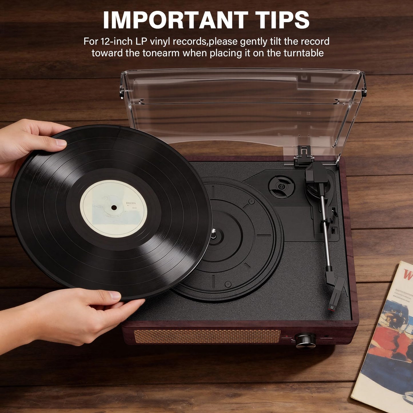 Vinyl Record Player Turntable with Built-in Bluetooth Receiver & 2 Stereo Speakers, 3 Speed 3 Size Portable Retro Record Player for Entertainment