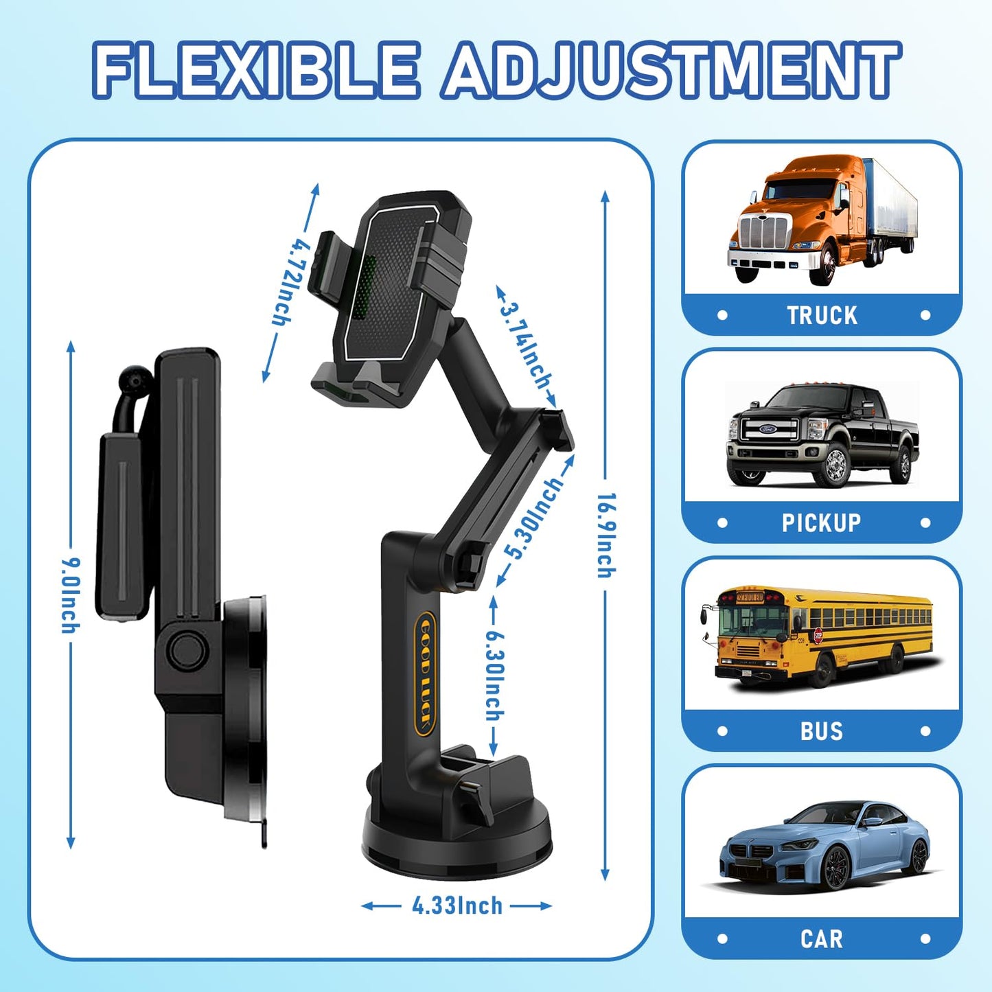 WUITIN Truck Phone Holder Mount,Car Phone Holder,Dashboard Windshield Phone Holder 16.9 inch Long Arm,Super Suction Cup Compatible with Pickup