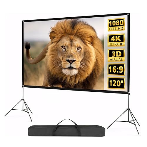 TOPPOY 120 inch Projector Screen with Stand Movie Screen Portable Indoor Outdoor 16:9 Format 4K HD Wrinkle-Free Foldable Design & Easy to Setup