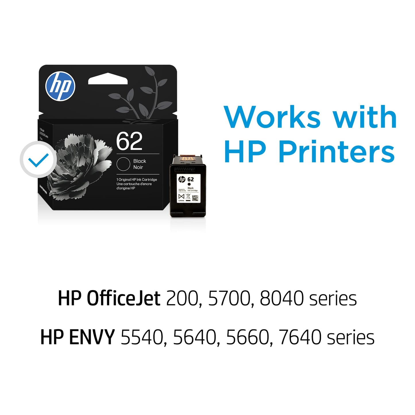 HP 62 Black Ink Cartridge | Works with Envy 5540, 5640, 5660, 7640, OfficeJet 5740, 8040, Mobile 200, 250 | C2P04AN | Packaging May Vary