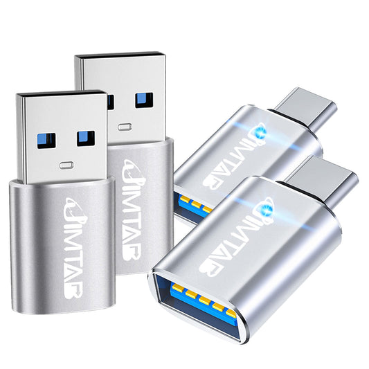 JIMTAB USB to USB C Converters (Aluminum Alloy 4 Pack), USB C to USB Chargers Adapter USB 3.0 with Blue Light Super High-Speed Data Transfer & Fast…