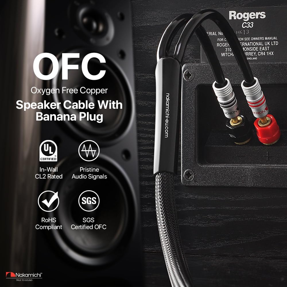 Nakamichi Excel Series 24k Gold Plated Banana Plugs with Speaker Cable Wire 99.9% Oxygen-Free Copper (OFC) Heavy Duty Braided for Amplifier Hi-Fi Home