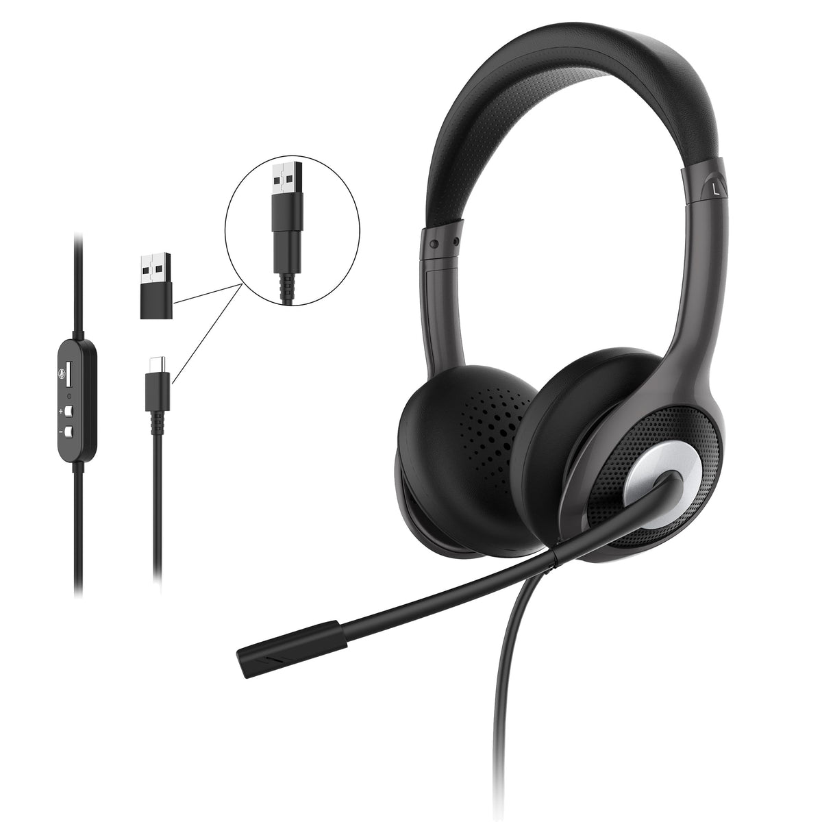 Connect USB Stereo Headset with Boom Microphone - Noise Reduction Mic- Protein Leather Ear Cushions - in-Line Volume Controls - Mute Button - Black