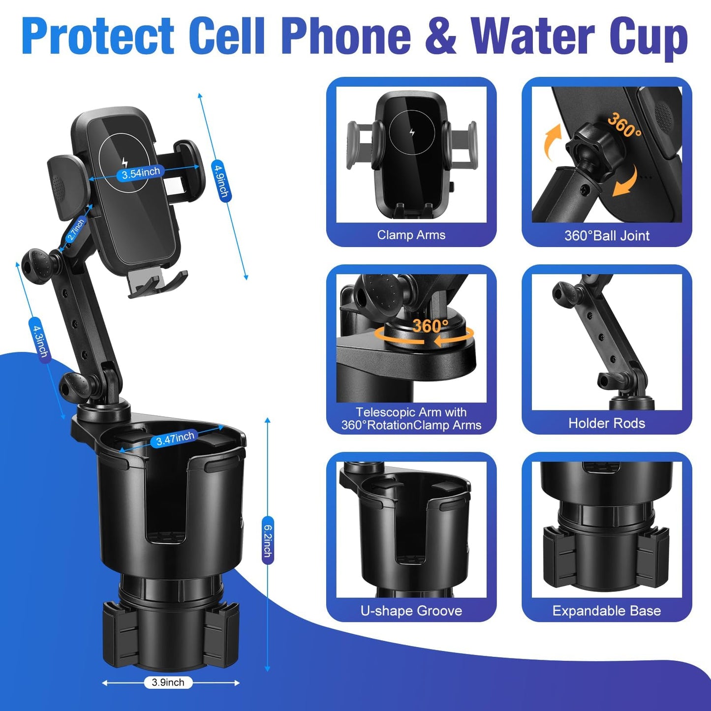This Hill Cup Holder Phone Charger, 15W Fast Charging Auto Clamping, Phone Holder for Cup Holder Charger with Adjustable Base & 360° Rotation