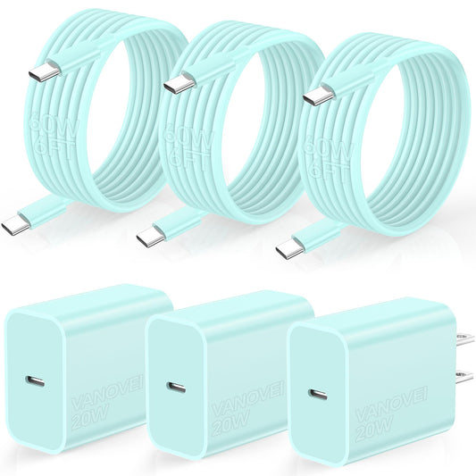 Compatible with iPhone 17 15 Charger Fast Charging, 3Pack 20W USB C Charger Block with 60W USB C to C Cable 6FT, Type C Cord Compatible with iPhone
