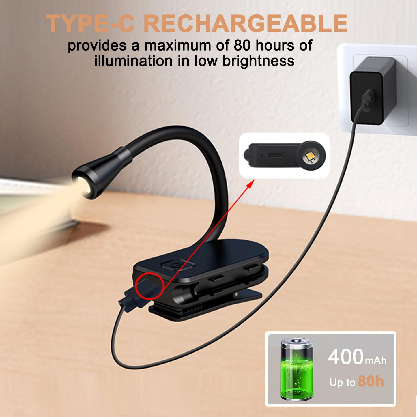 Minsk 80Hrs Long Runtime Clip On Book Light, Eye Caring 3 Color Stepless Dimming Reading Lamp, 360° Flexible Gooseneck Lightweight Reading Light