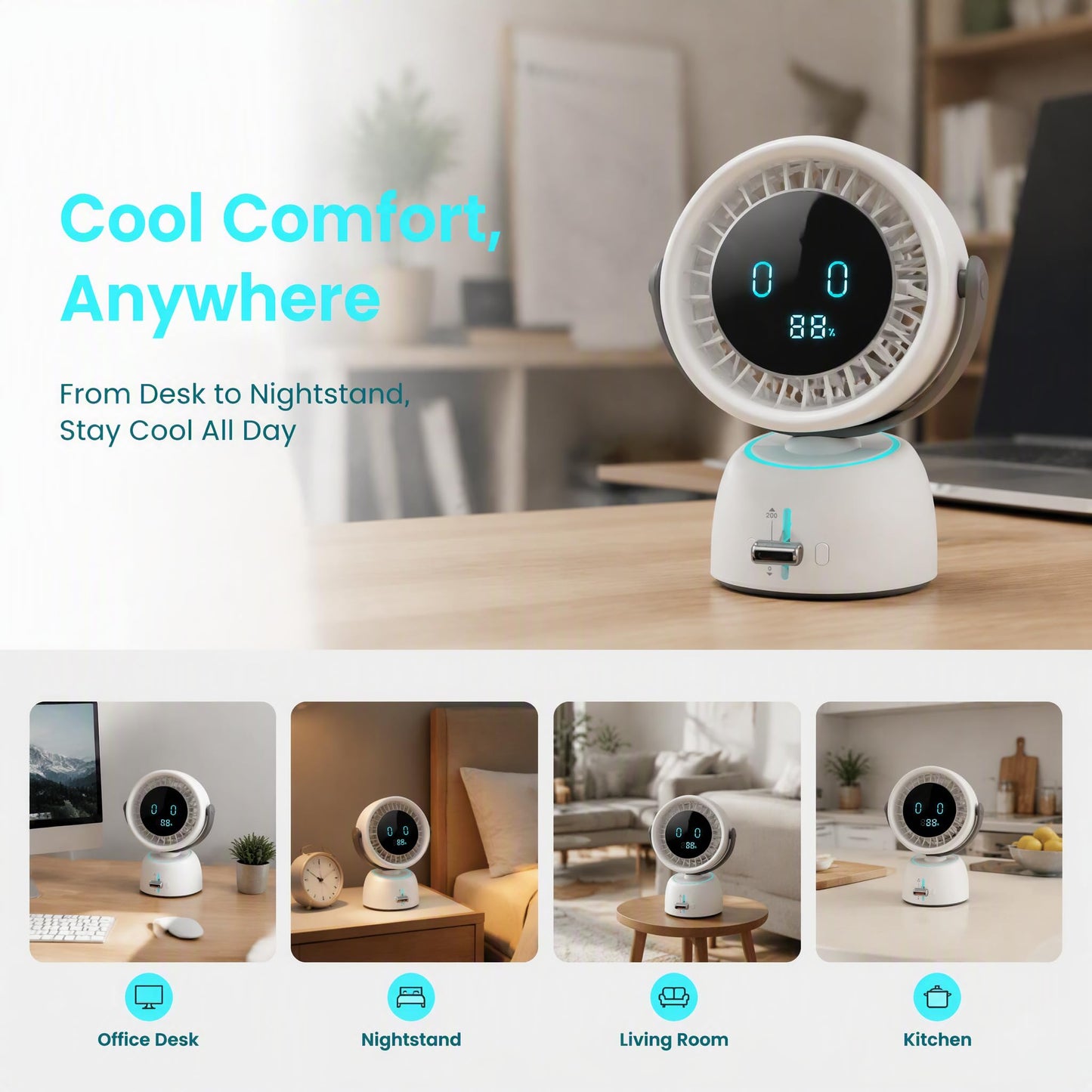 Smart Table Fan with Face Tracking, RGB Ambient Light, Speed Control