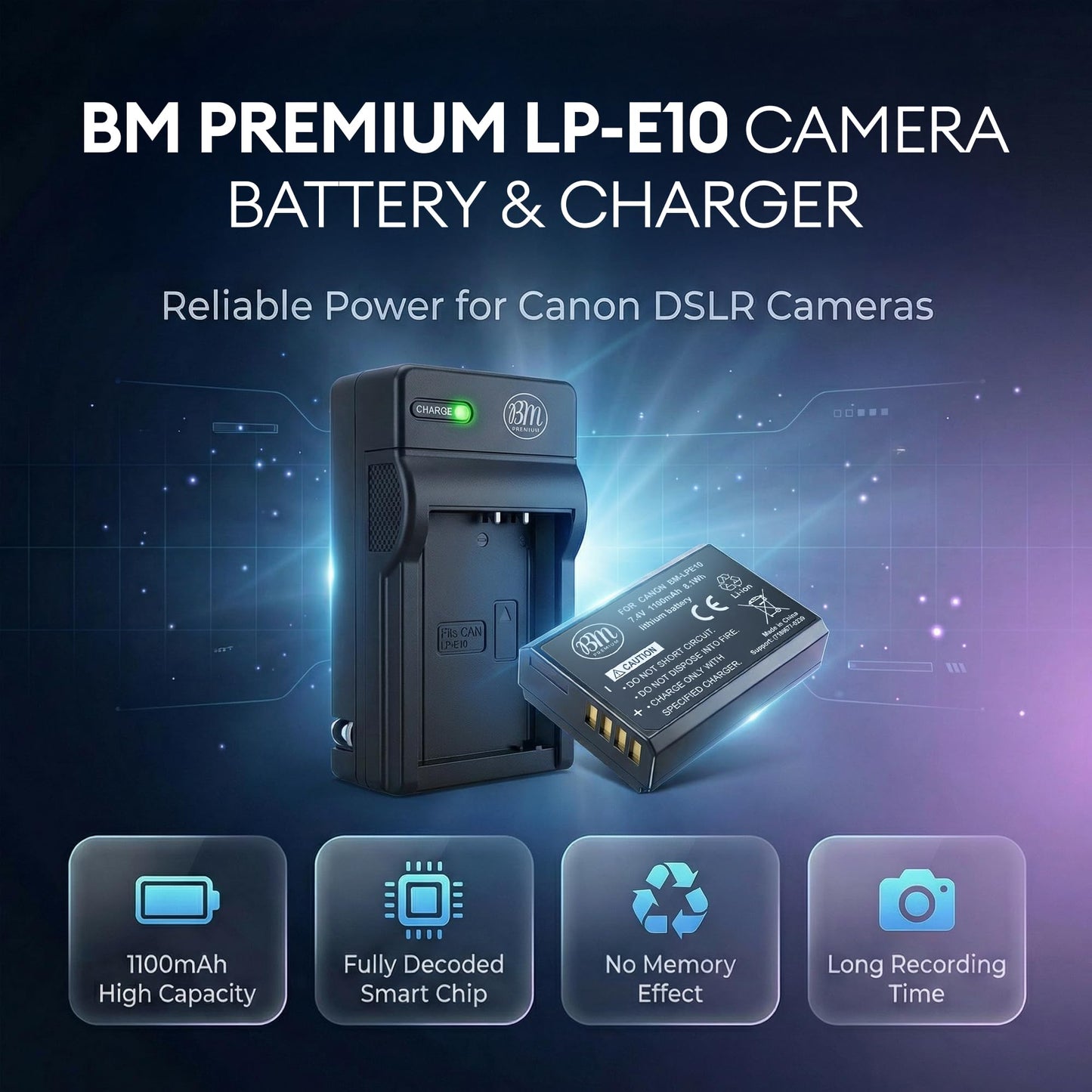 BM Premium 2-Pack of LP-E10 Batteries and Battery Charger for Canon EOS Rebel T3, T5, T6, T7, T100, Kiss X50, Kiss X70, EOS 1100D, EOS 1200D, EOS