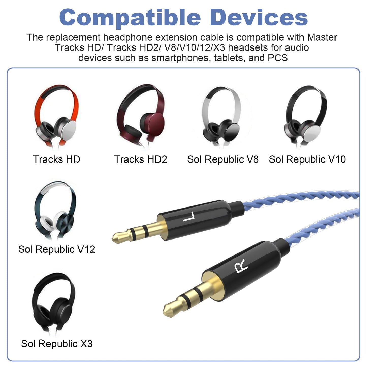 Sol Republic Replacement Cable with Mic Compatible with Sol Republic Master Tracks HD, HD2, V8, V10, V12, Sol Republic X3 Headphone, for iPhone…