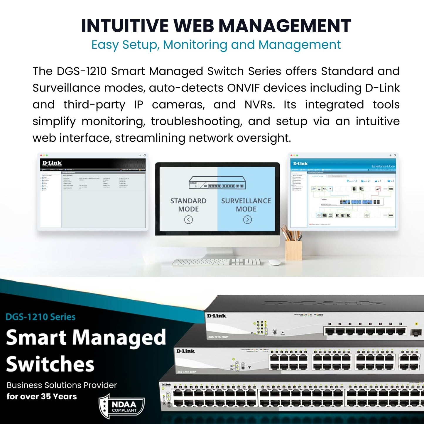 D-Link 10-Port Gigabit Smart Managed Switch | 8 GbE + 2 SFP Ports | L2+ | VLANs | Cable Diagnostics | Web Managed | Desktop or Rackmount | Fanless |