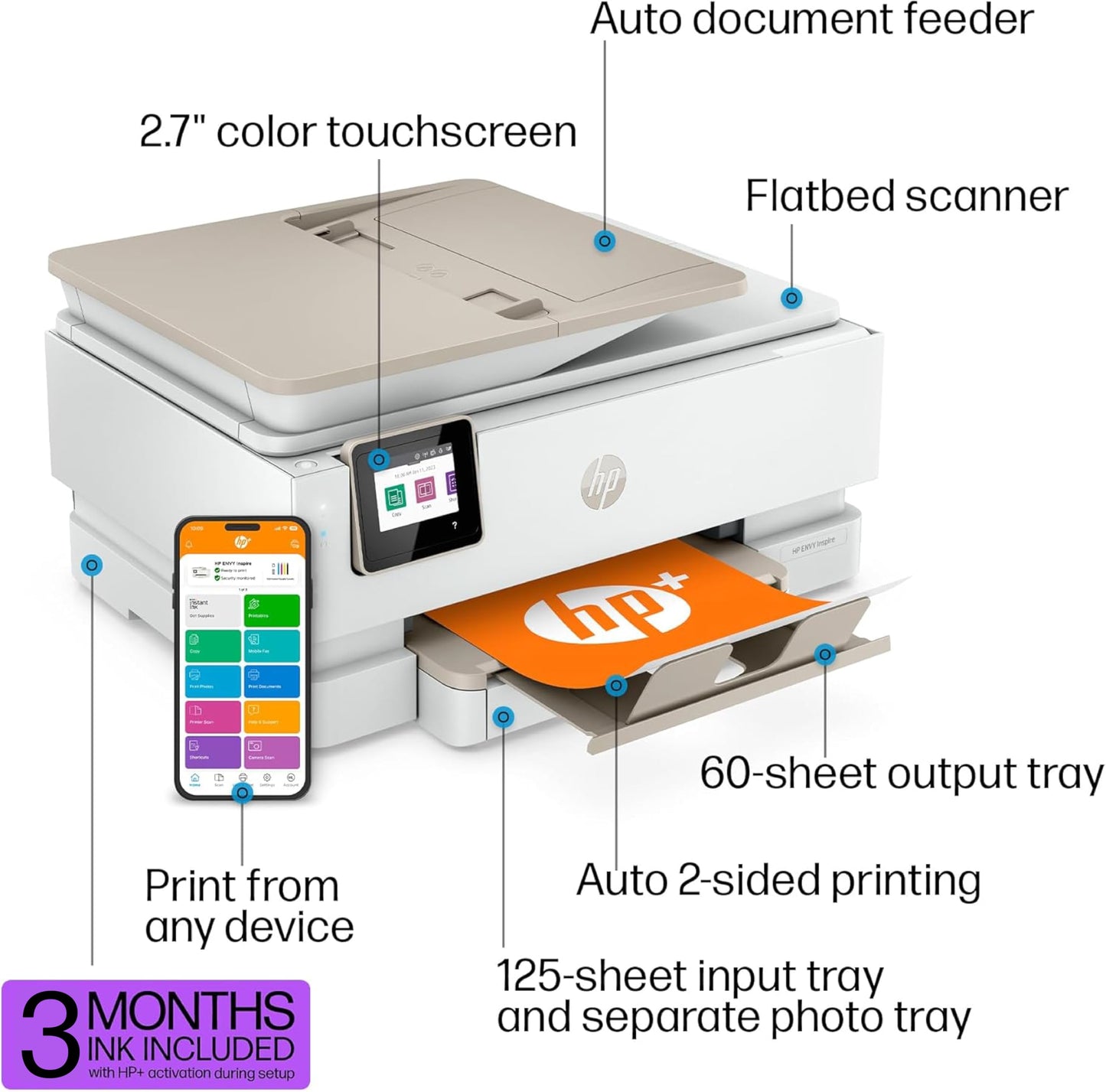 HP Envy Inspire 7958e Wireless All-in-One Color Inkjet Printer, Print, scan, Copy, Duplex Printing Best-for-Home, 3 Months of Instant Ink Included