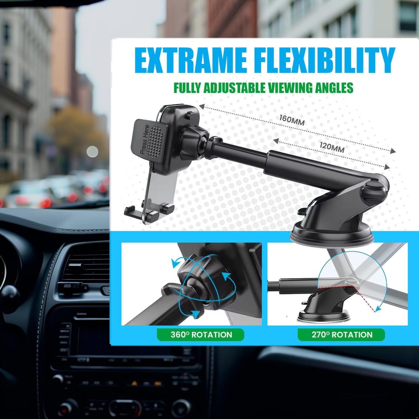 YOZAT [2026 Upgraded Military-Grade Car Phone Holder Mount - Ultra-Stable Clamp Grip, 3-in-1 Dashboard/Windshield/Air Vent, One-Button Release - Heavy