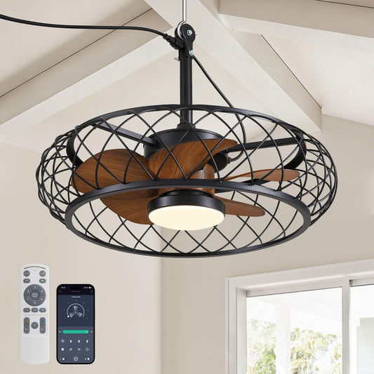 CROSSIO 24" Plug-in Outdoor Ceiling Fan with Light, Caged Walnut