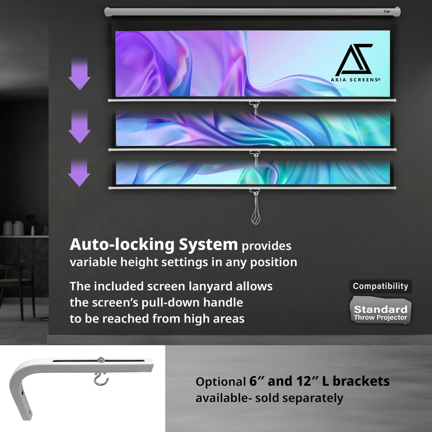 Akia Screens 100-Inch Manual Pull Down Home Theater Projector Screen 4:3, Retractable Wall & Ceiling Mount, Auto-Locking, White Case (AK-M100V1)