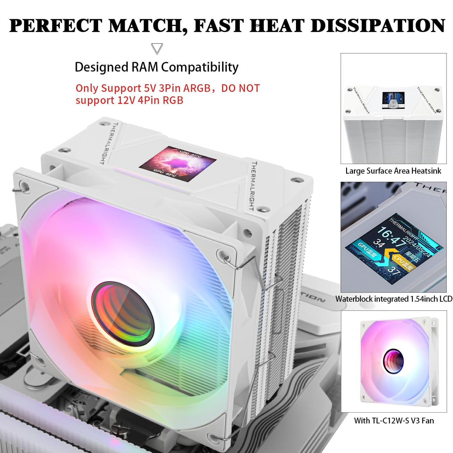 Thermalright Assassin Spirit 120 Vision ARGB White,with White Top Cover,CPU Air Cooler, PC Cooling, 240 * 240 Resolving Power IPS LCD