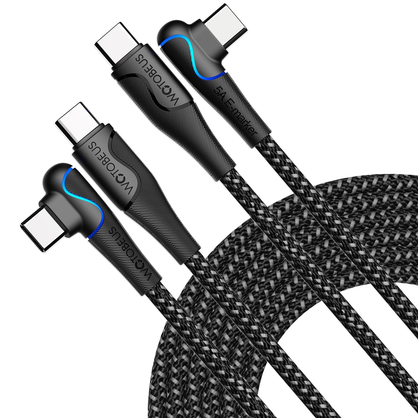 WOTOBEUS USB C to USB C Cable (2-Packs,10ft+3ft), with LED Rainbow Flow 7 Colors, 5A PD 100W PPS 45W Super Fast Charging Cable Right Angle, for iPhone