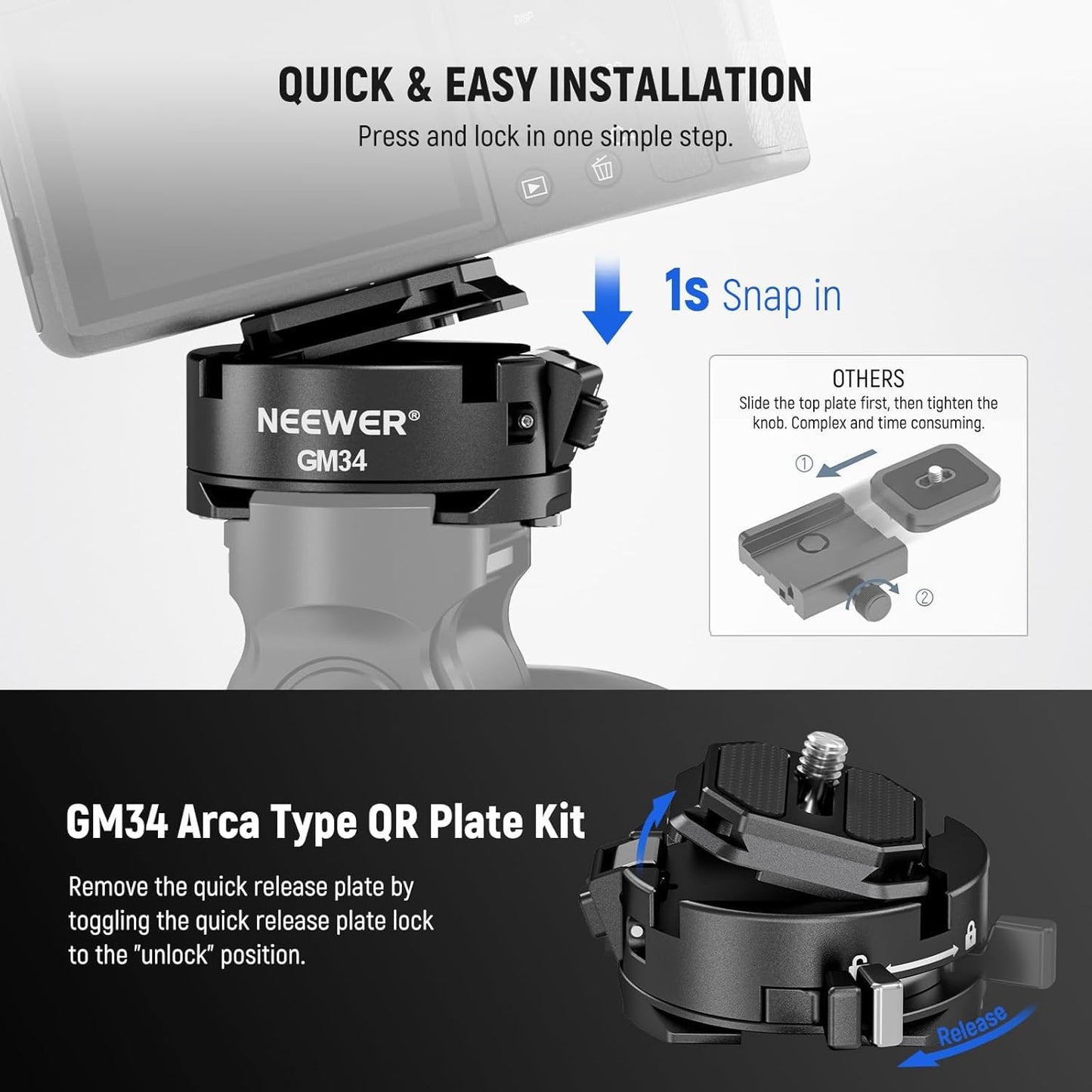 NEEWER GM34 Camera Quick Release Plate Kit, Quick Switch Auto Lock Square QR Mount Plate with Arca Type Clamp Base, Compatible with Arca Swiss Camera