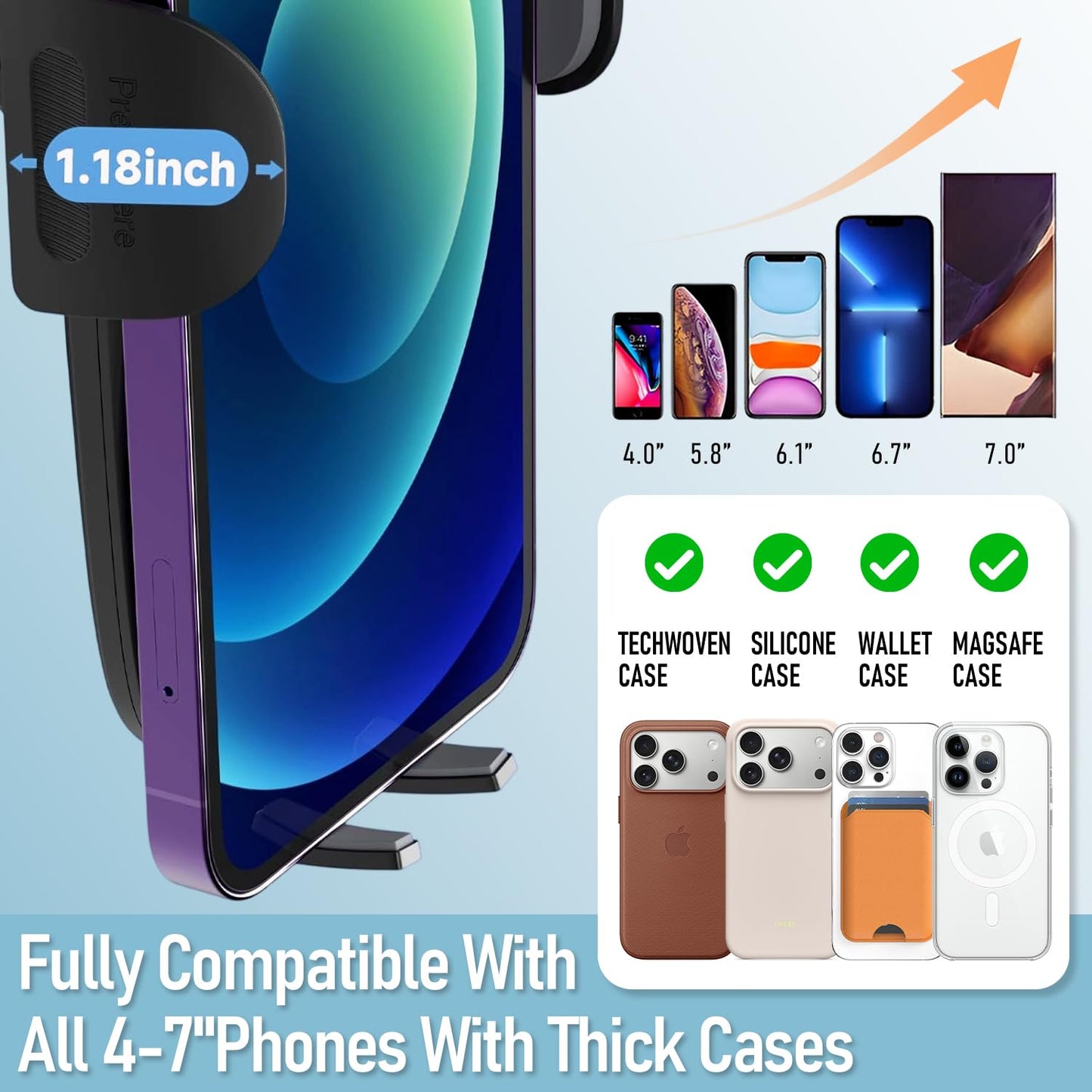 WUITIN Car Phone Mount, 360 Rotatable and Retractable, Anti-Shake Design, Compatible with Samsung, iPhone, Sony