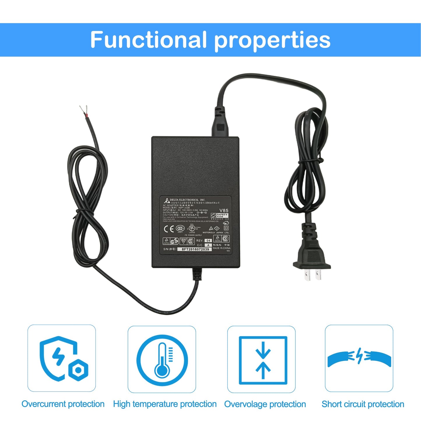 Industrial Power Adapter AC/DC Power Supply 24W 100-240V AC Input 12V/2A DC Output with 8 Ft Length Cable for Terminal Block