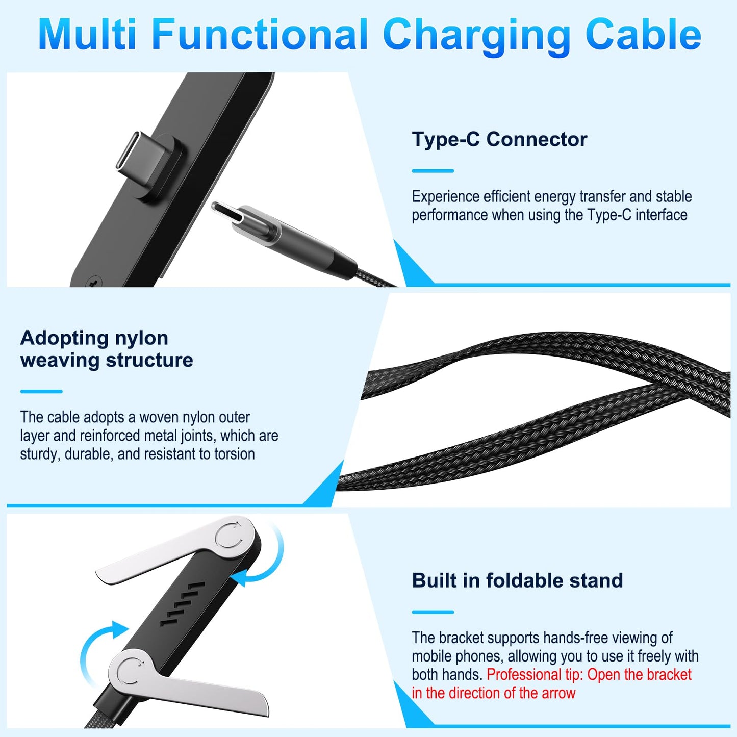 240W Braided Fast Charge Cable with Built-in Phone Stand, 2026 New Invisible Stand Charging Cable, 4.92ft T-shaped Foldable Furable USB-C Cord 90