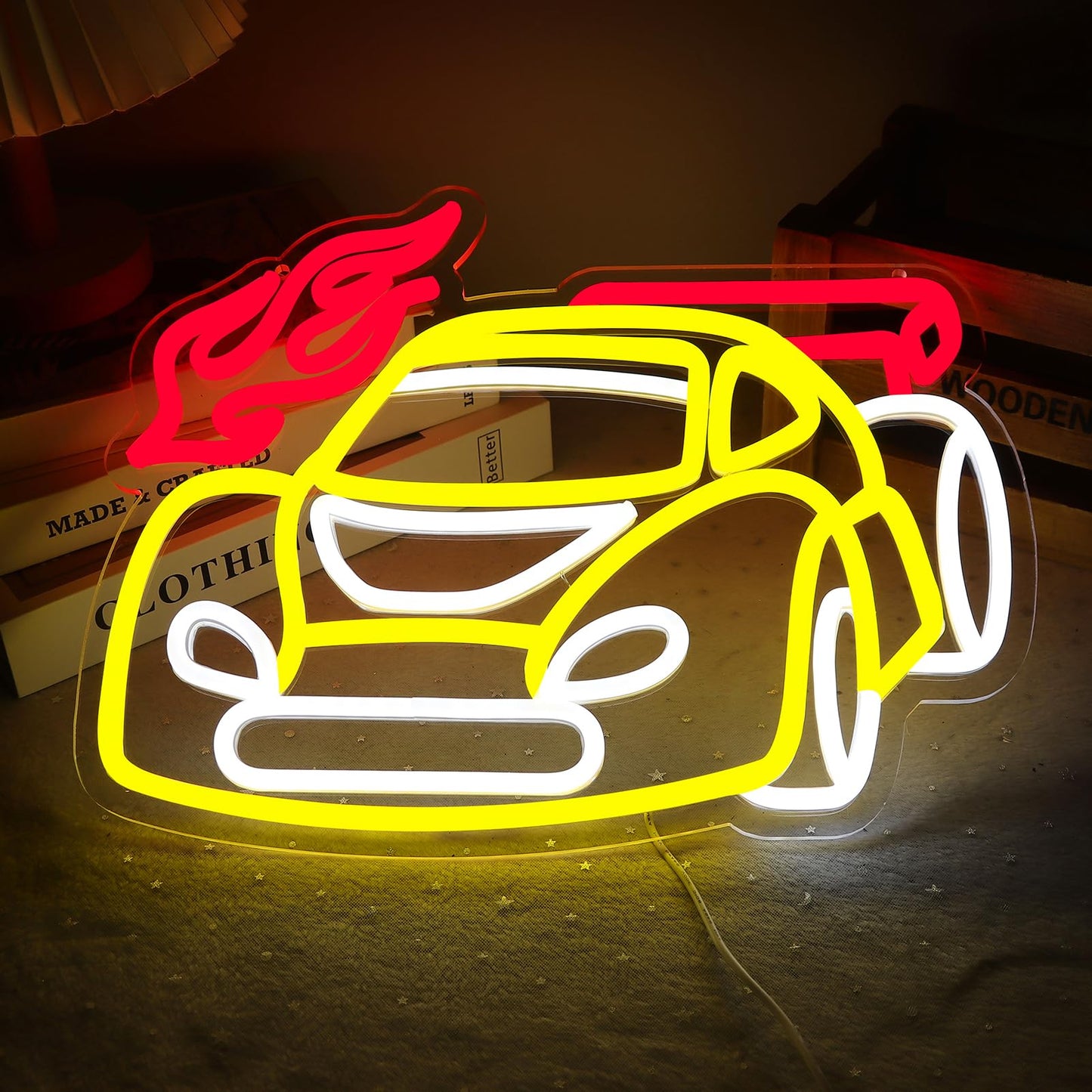 HKONHGUK Race Car Neon Sign Yellow Red White LED Light Dimmable USB Powered Wall Decor for Boys Bedroom Game Room Man Cave Racing Car Design