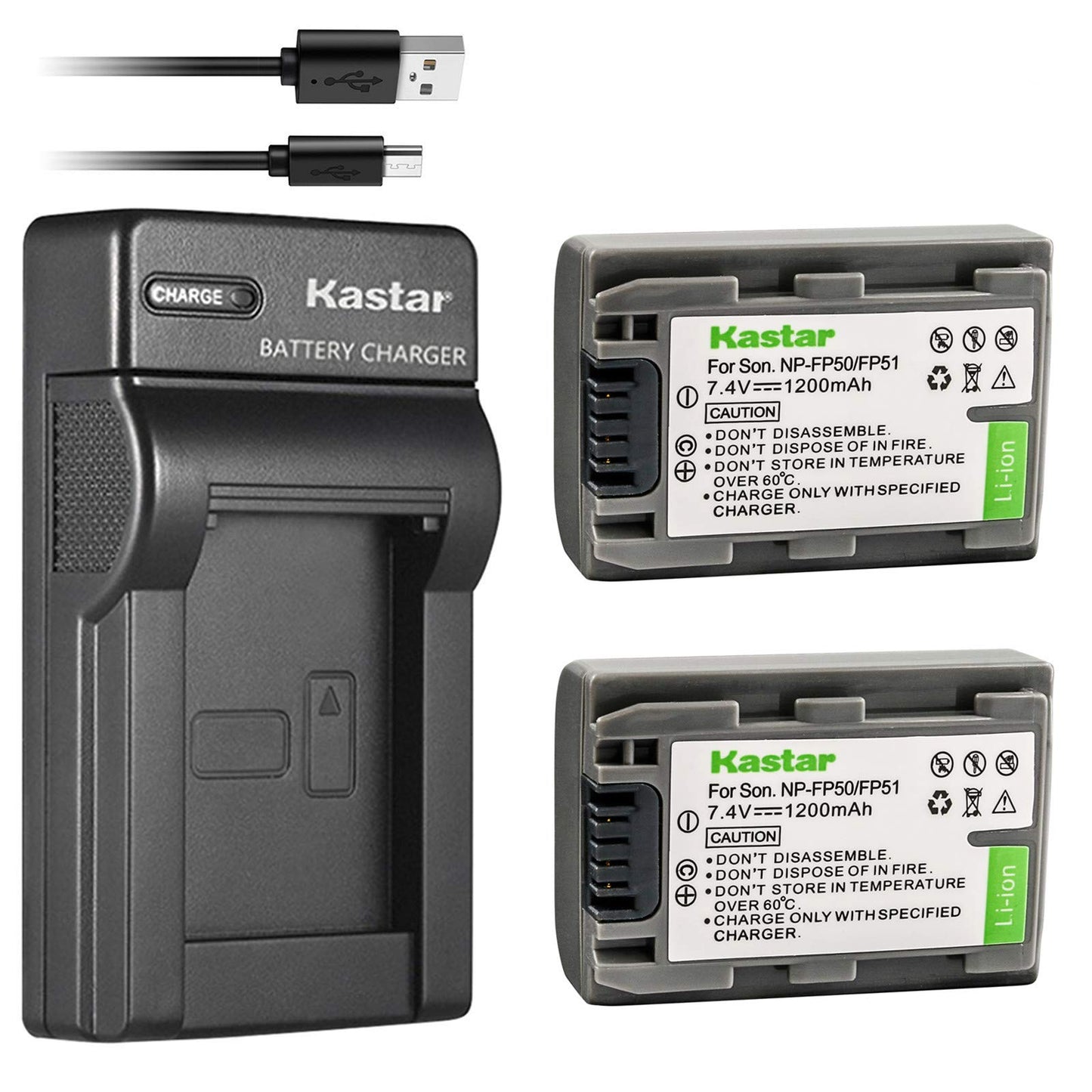 Kastar Battery (X2) & Slim USB Charger for Sony NP-FP51 NP-FP50 and DCR-30 DVD103 DVD105 DVD203 DVD205 DVD305 DVD92 HC20 HC21 HC26 HC32 HC36 HC40 HC42