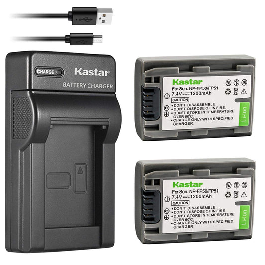 Kastar Battery (X2) & Slim USB Charger for Sony NP-FP51 NP-FP50 and DCR-30 DVD103 DVD105 DVD203 DVD205 DVD305 DVD92 HC20 HC21 HC26 HC32 HC36 HC40 HC42