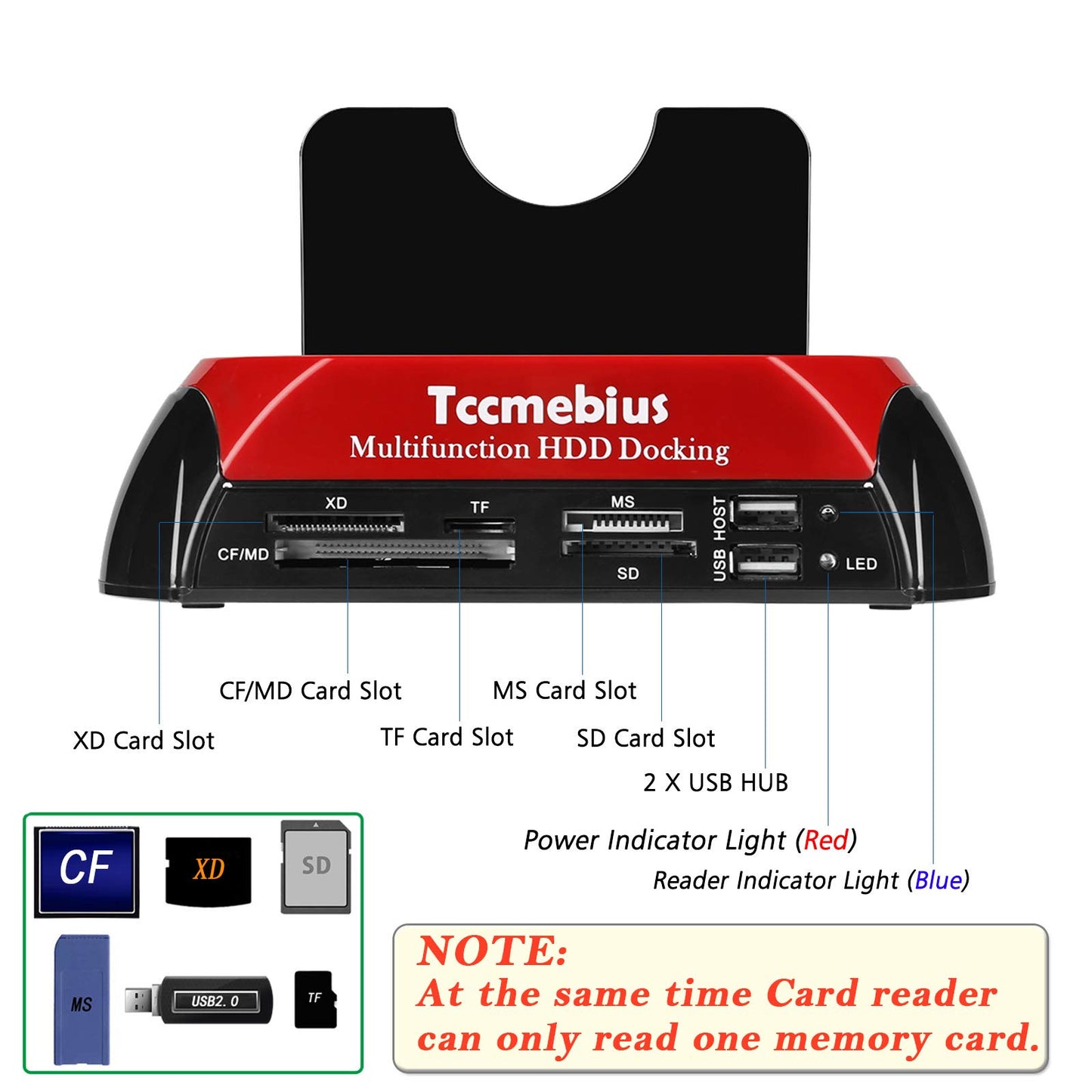 Tccmebius Hard Drive Docking Station, TCC-S862-US USB 2.0 to 2.5 3.5 Inch SATA IDE Dual Slots External Enclosure with All in 1 Card Reader and USB 2.0