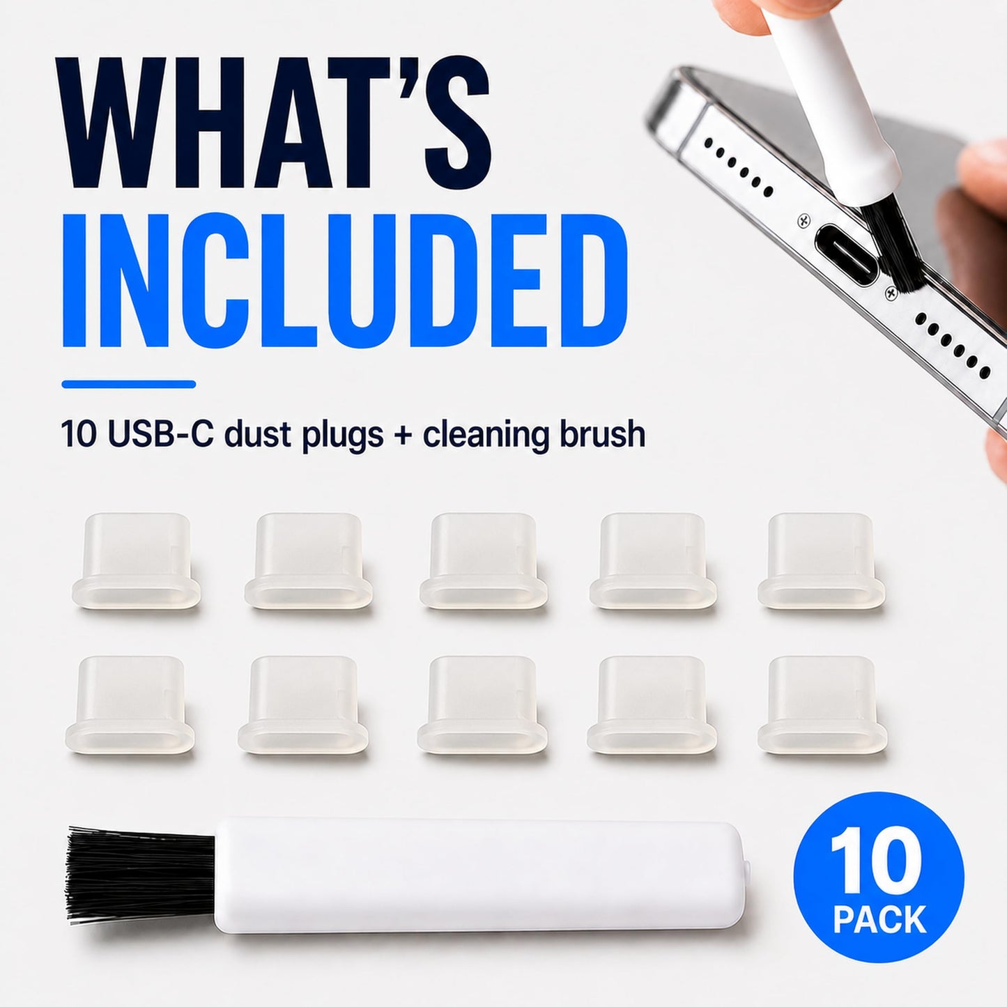 USB C Dust Plugs 10 Pack with Cleaning Brush, Charging Port Covers, Clear