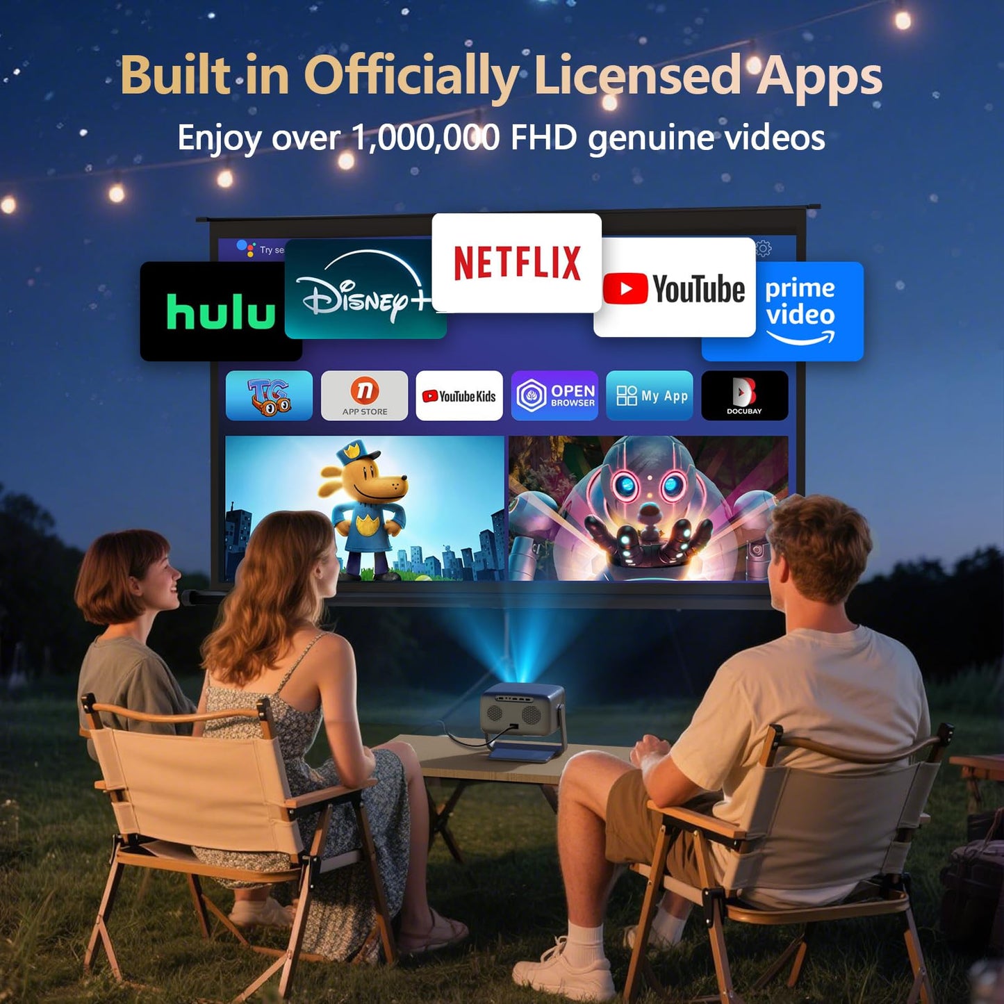 2500 ANSI/ Official Apps/360°Stand 4K Projector with WiFi and Bluetooth, Auto Focus, Auto Keystone Short Throw Projector Native 1080P Support 36W