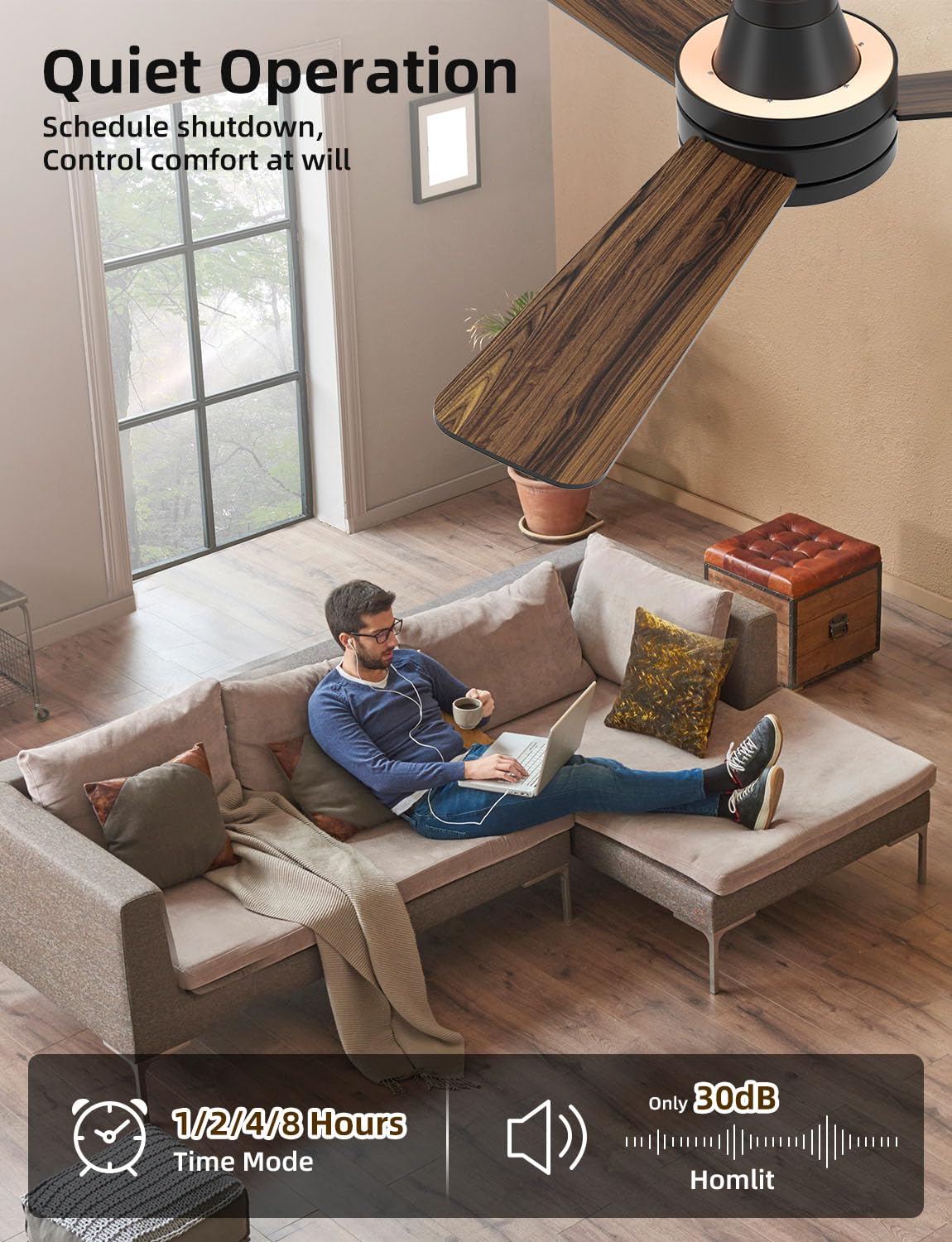 Homlit 42 inch RGB Ceiling Fan with Light, Smart App & Remote Control Low Profile Flush Mount, Music Sync Lighting, 6-Speed Quiet Reversible DC Motor