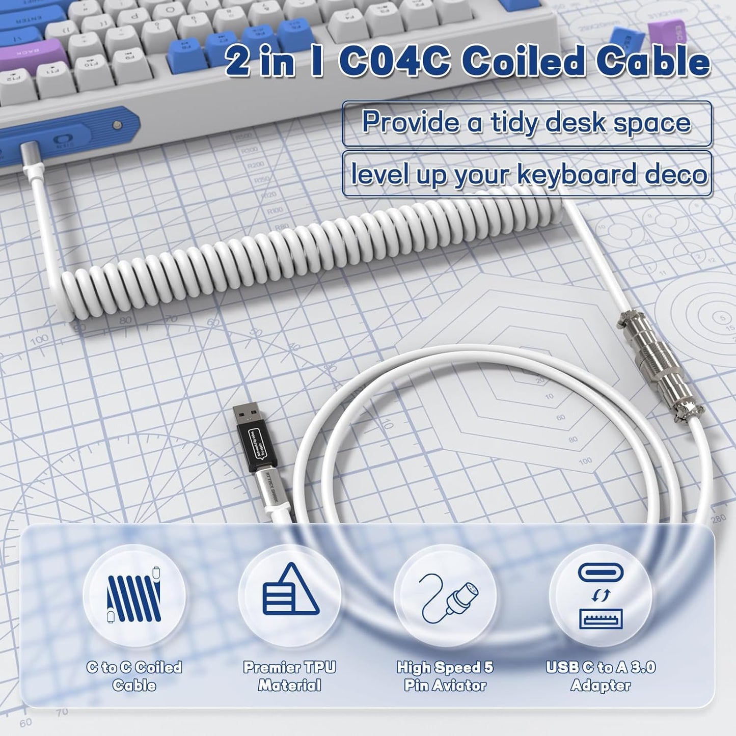 ATTACK SHARK CO4-C Coiled USB C Cable for Mechanical Keyboard with USB to USB C Adaptor, Type C to Type C, TPU Double Sleeved Spring Charging Cable