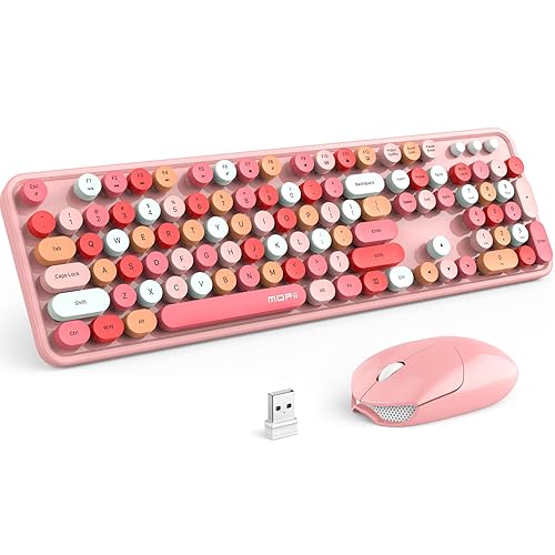 MOFII Wireless Keyboard and Mouse Combo, Pink Wireless Keyboard, 2.4GHz Retro Full Size with Number Pad & Cute Mouse for Computer PC Laptop Windows