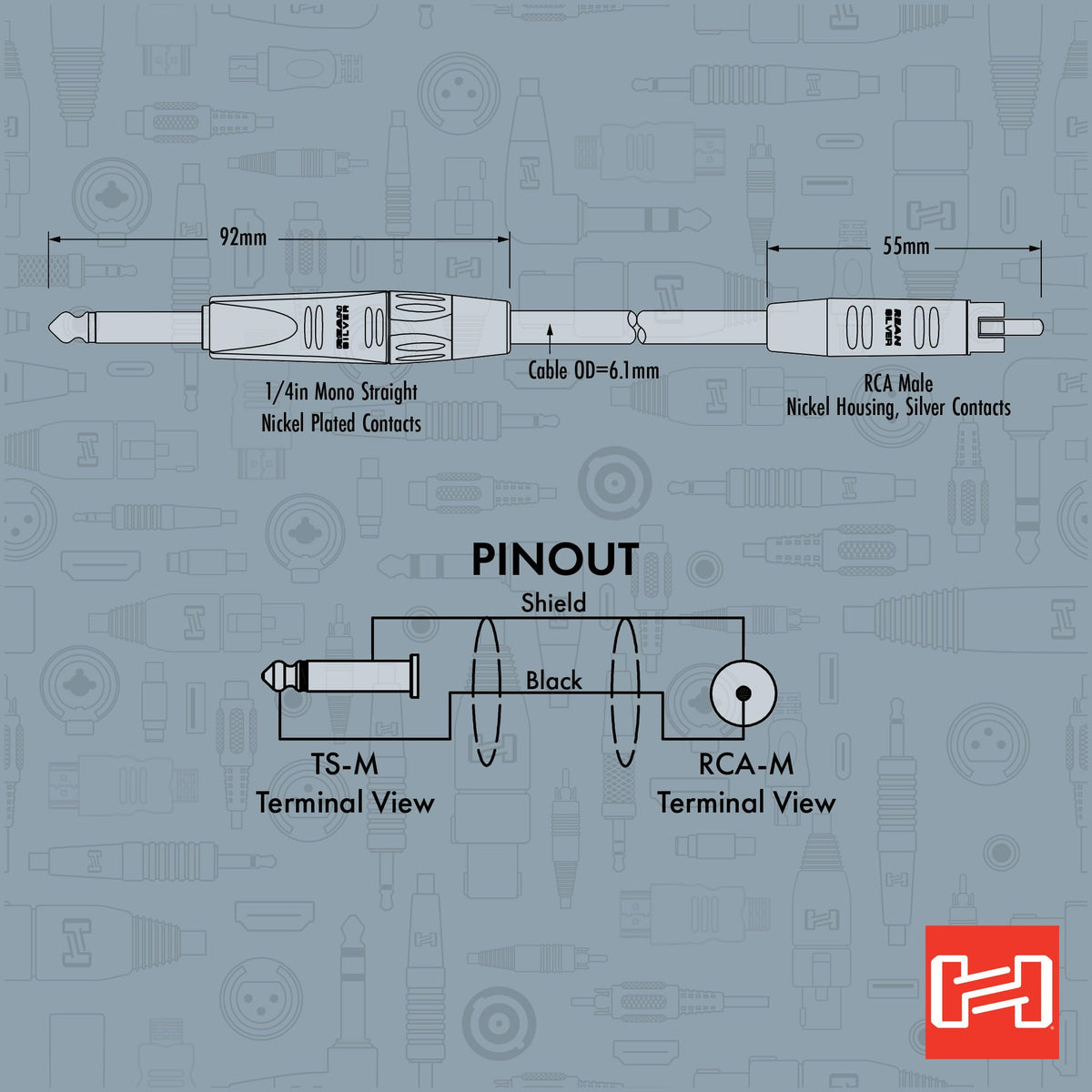 Hosa HPR-020 Pro Unbalanced Interconnect, REAN 1/4" TS to RCA, 20 Feet