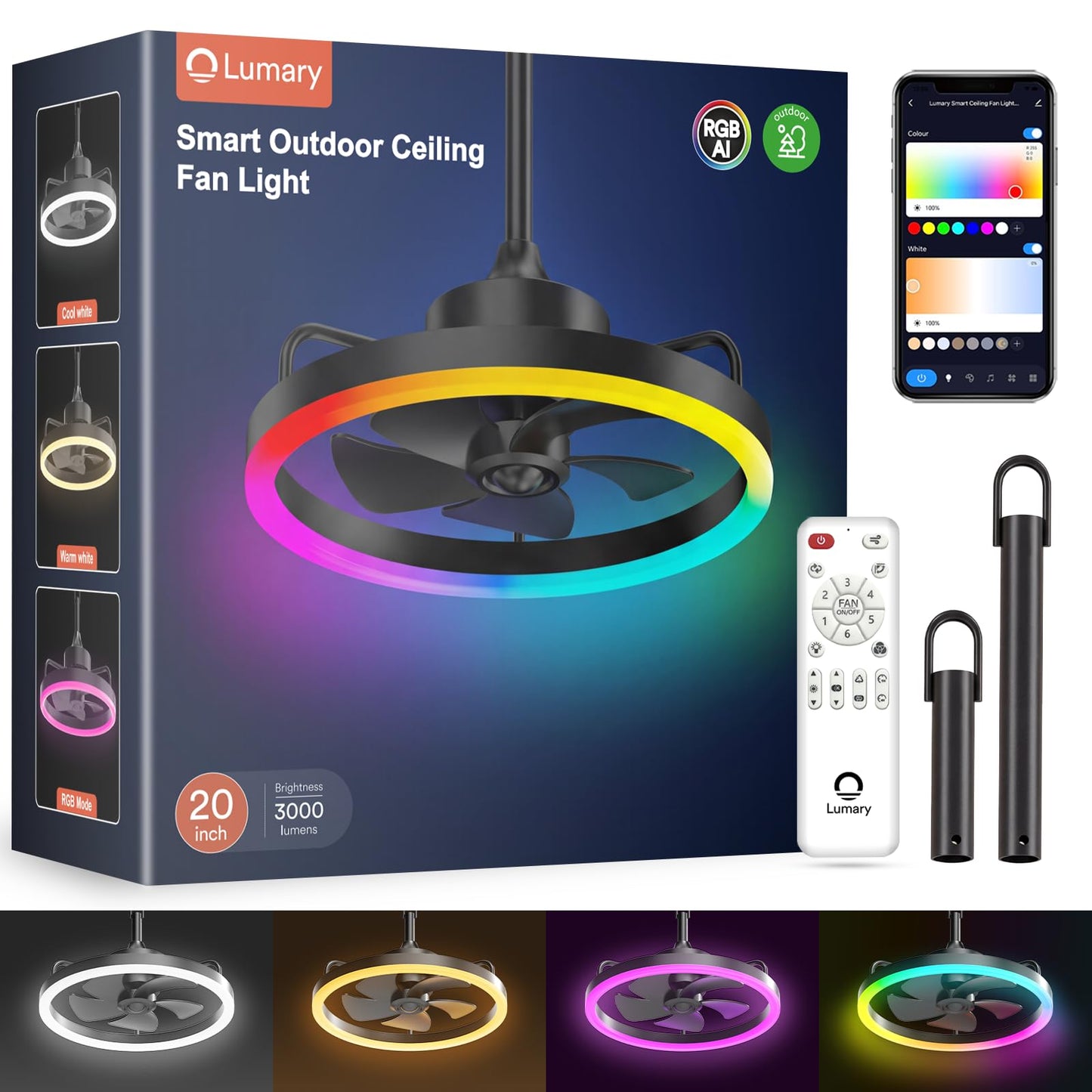 Lumary Smart Gazebo Outdoor Ceiling Fan with Color Light, Alexa/APP Control