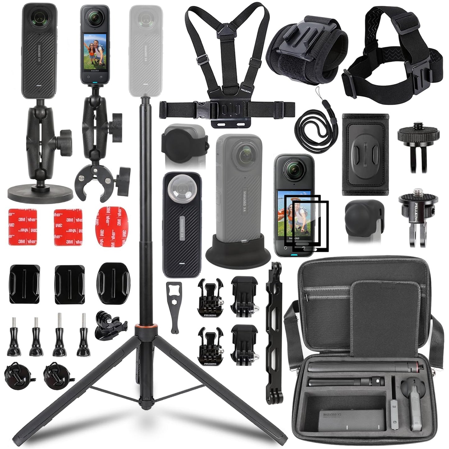 PellKing Accessories Kit for insta360 X4,Included Carrying Case with Belt,2 Pcs Metal 1/4" Adapter,Handlebar Mount,Magnetic Mount,53in Selfie