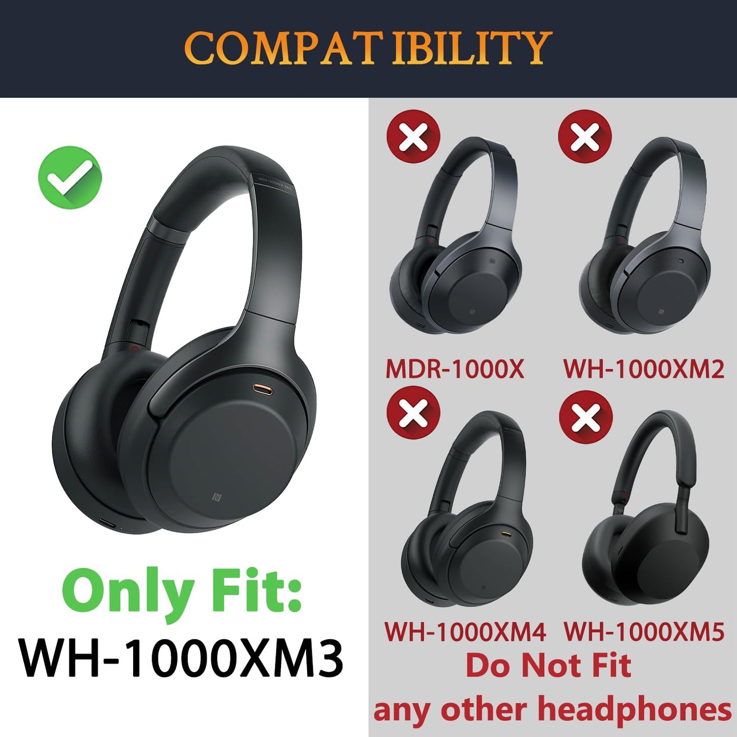 SOULWIT Earpads for Sony WH-1000XM3 Over-Ear Headphones, Softer Protein Leather, Noise Isolation Memory Foam, Added Thickness (Black)