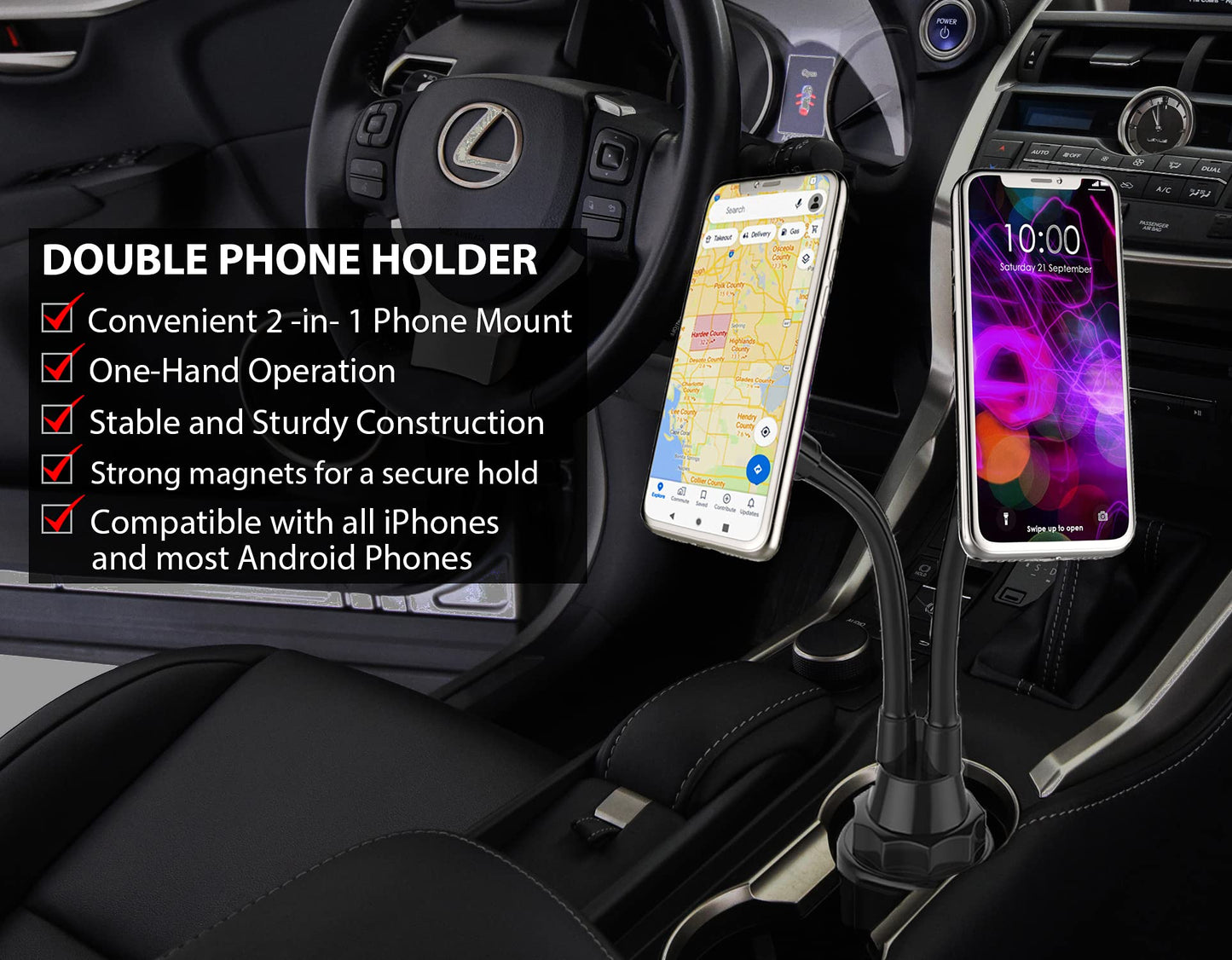 CAVIANA Dual Phone Holder for Car Cup Holder - Long Flexible Neck, 360° Rotatable Car Phone Mount - Adjustable Cell Cup Holder, Universal Size Fits 2