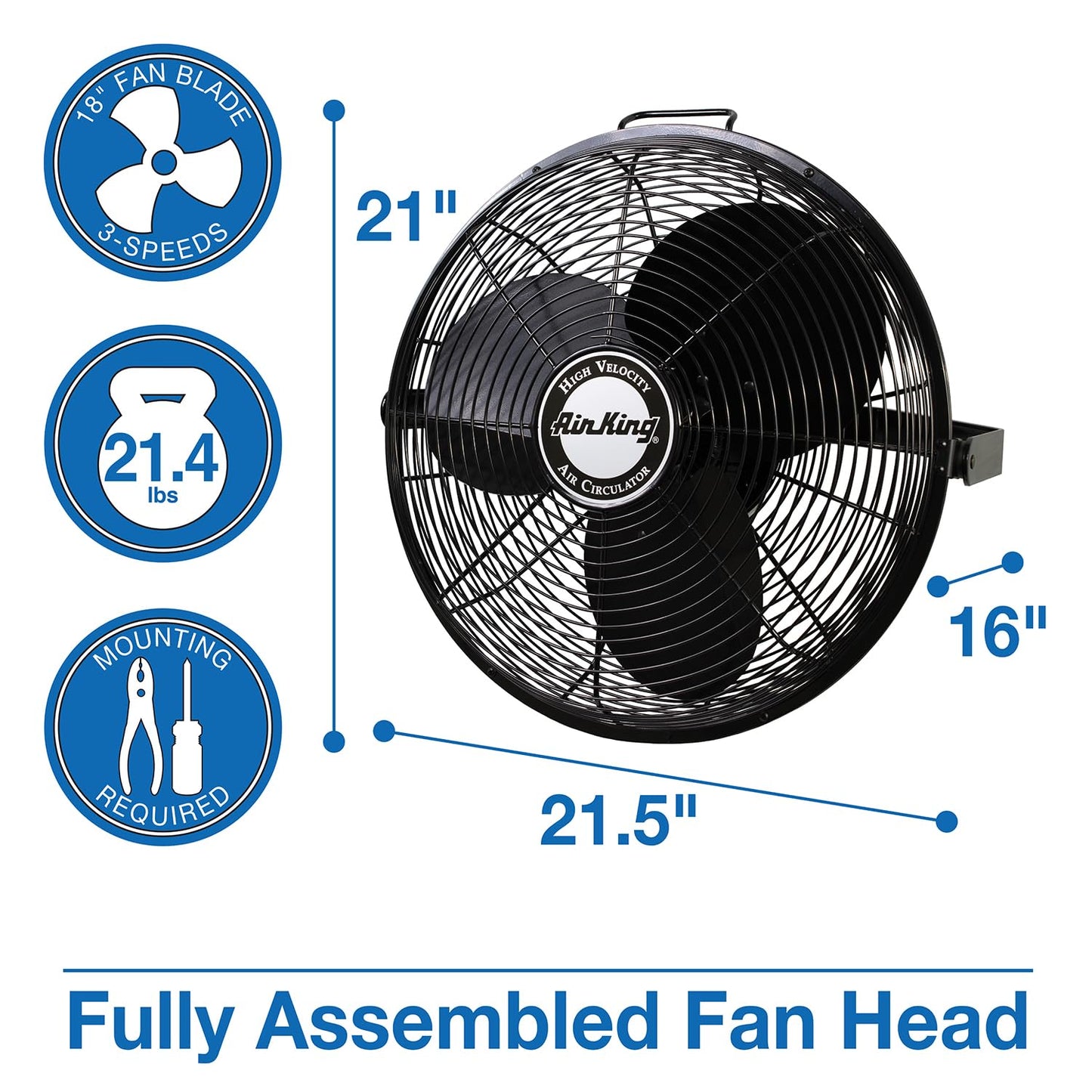 Air King 18-Inch 1/6 HP Industrial Grade High Velocity Multi Mount Fan with 3-Speeds, Pivoting Fan Head, Durable Powder-Coated Steel Blades