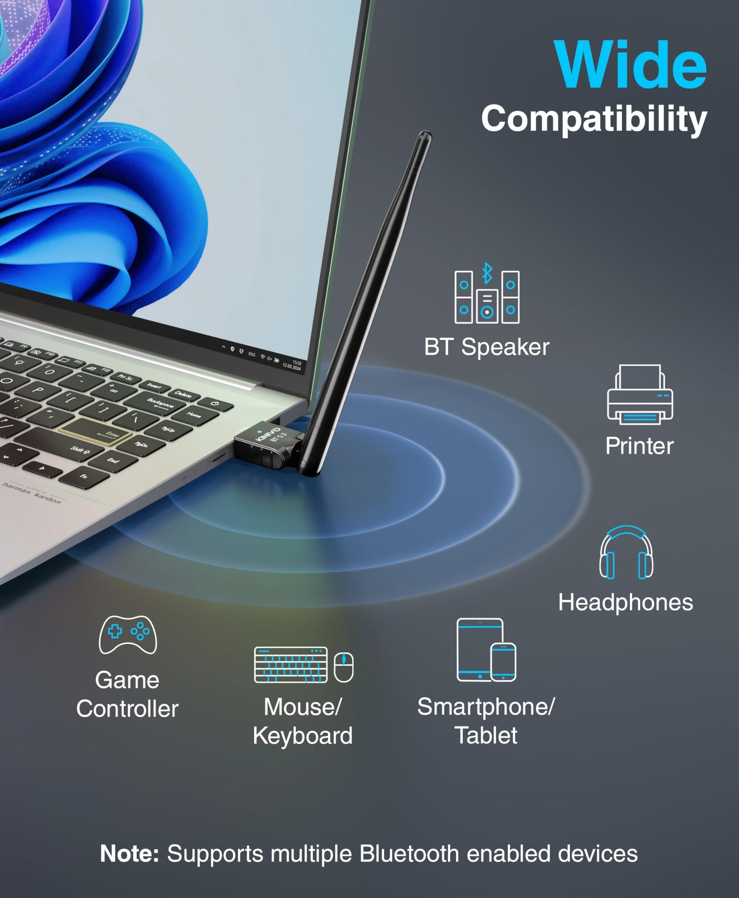 Kinivo USB Bluetooth Adapter for PC (BT 5.3, Long Range Wireless Receiver, USB Dongle for Windows 11/10/8.1) - Compatible with Laptops, Headsets
