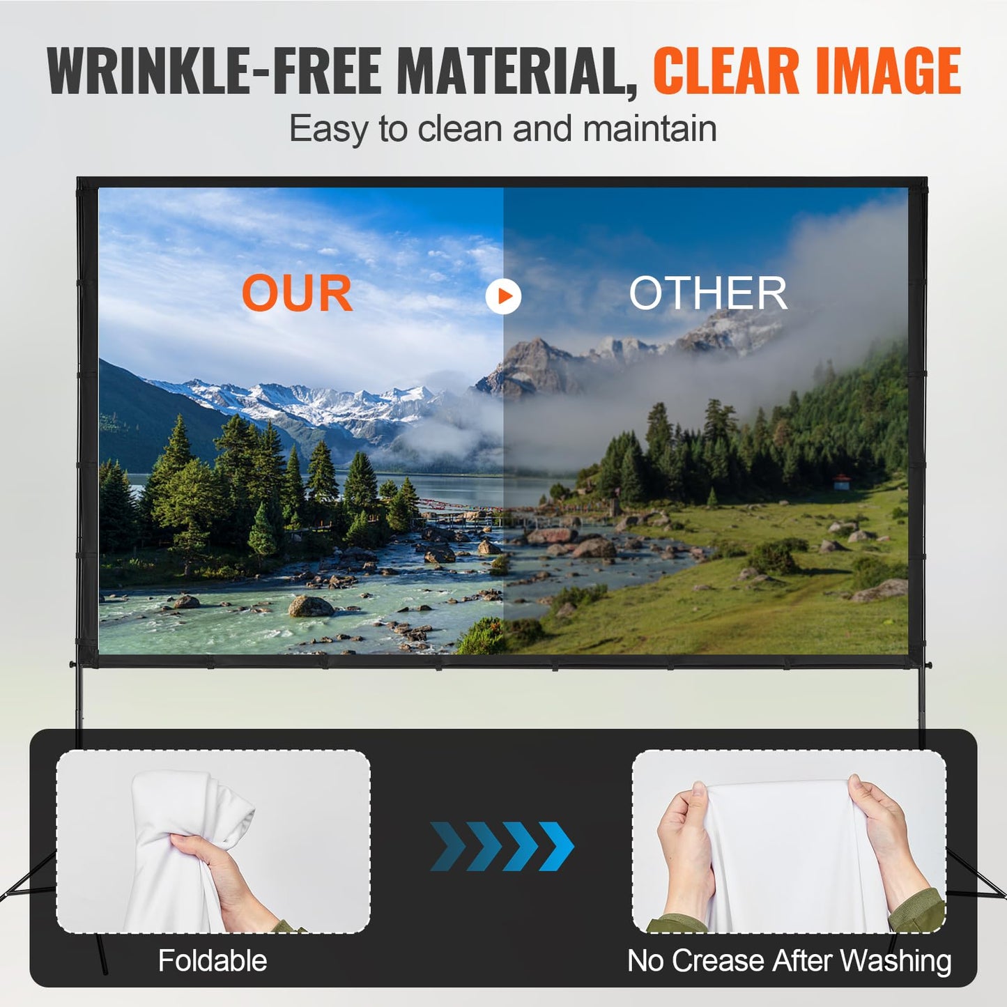 VEVOR Projector Screen with Stand, 120 inch 16:9 4K 1080 HD Outdoor Movie Screen with Stand, Wrinkle-Free Projection Screen with Tripods and Carry