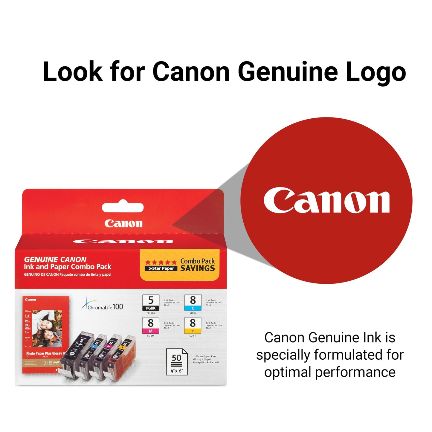 Canon PGI-5/CLI-8 Genuine Combo Pack with Photo Paper 50 Sheets, Compatible with MP500, MP510, MP520, MP530, MP600, MP610, MP800, MP800R, MP810